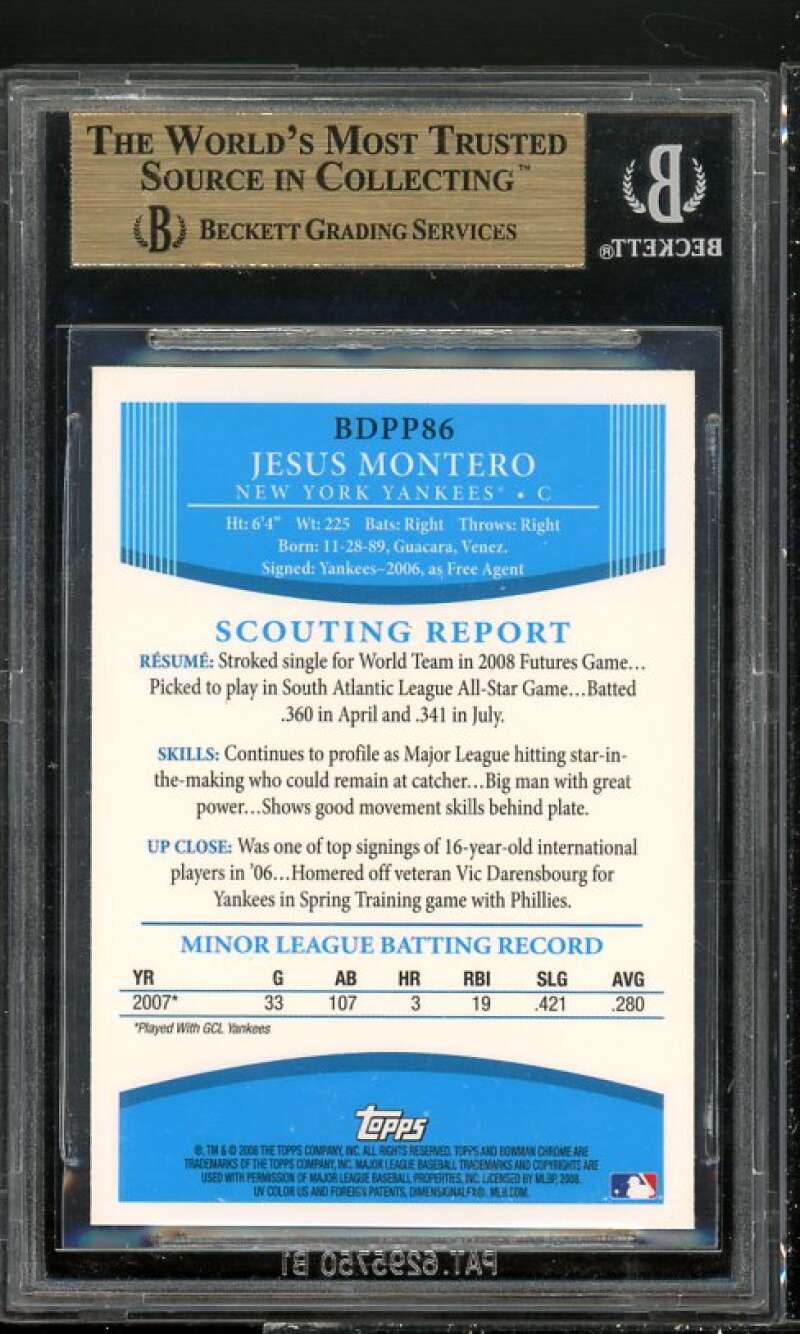 Jesus Montero Rookie 2008 Bowman Draft Picks Chrome Prospects #BDPP86 BGS 9.5 Image 2