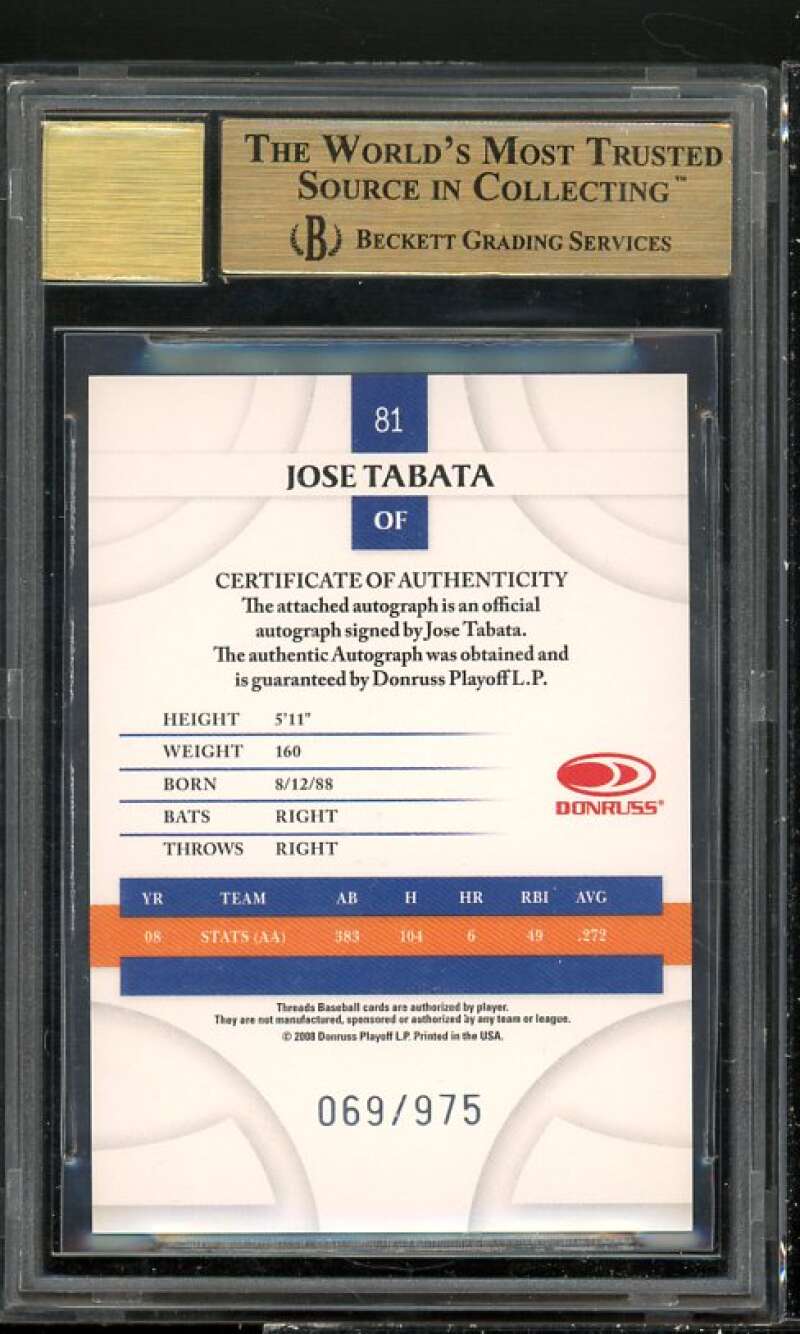 Jose Tabata Rookie Card 2008 Donruss Threads Signatures Gold Auto #81 BGS 9.5 Image 2