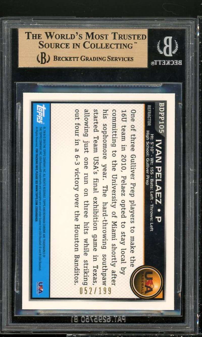 Ivan Pelaez Rookie 2010 Bowman Chrome Draft Blue Refractors #BDPP105 BGS 10 Image 2