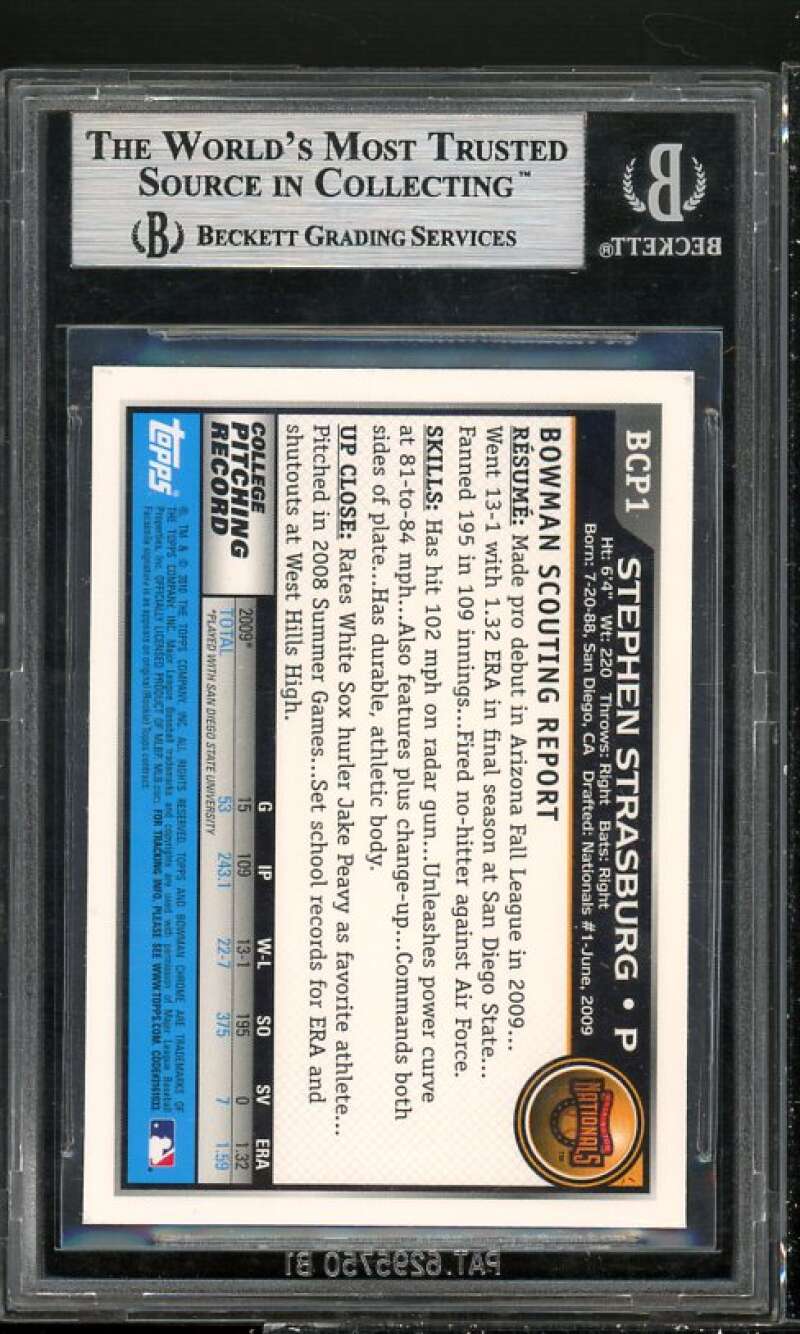 Stephen Strasburg Rookie 2010 Bowman Chrome Prospects #BCP1 BGS 9 (8.5 9 9 9) Image 2