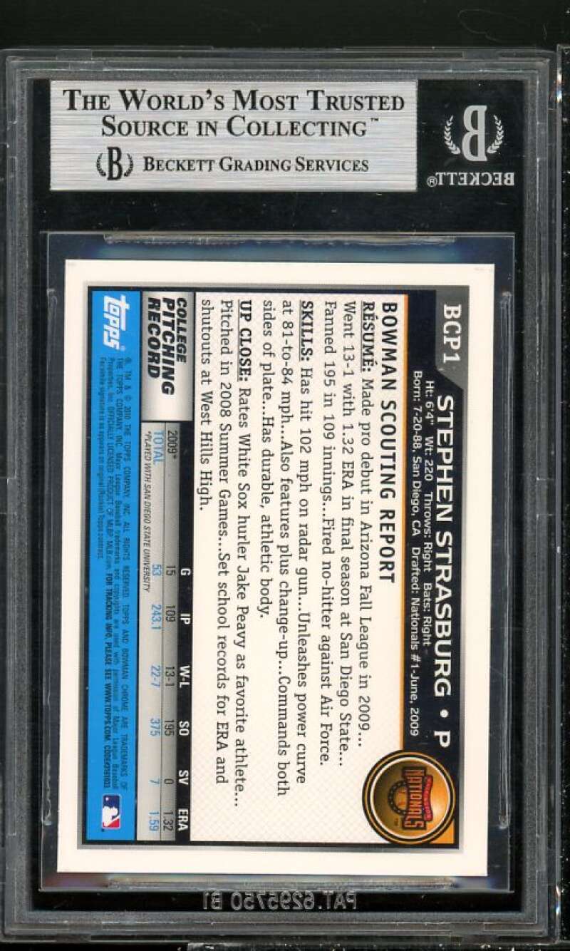 Stephen Strasburg Rookie 2010 Bowman Chrome Prospect #BCP1 BGS 9 (8.5 9.5 9.5 9) Image 2