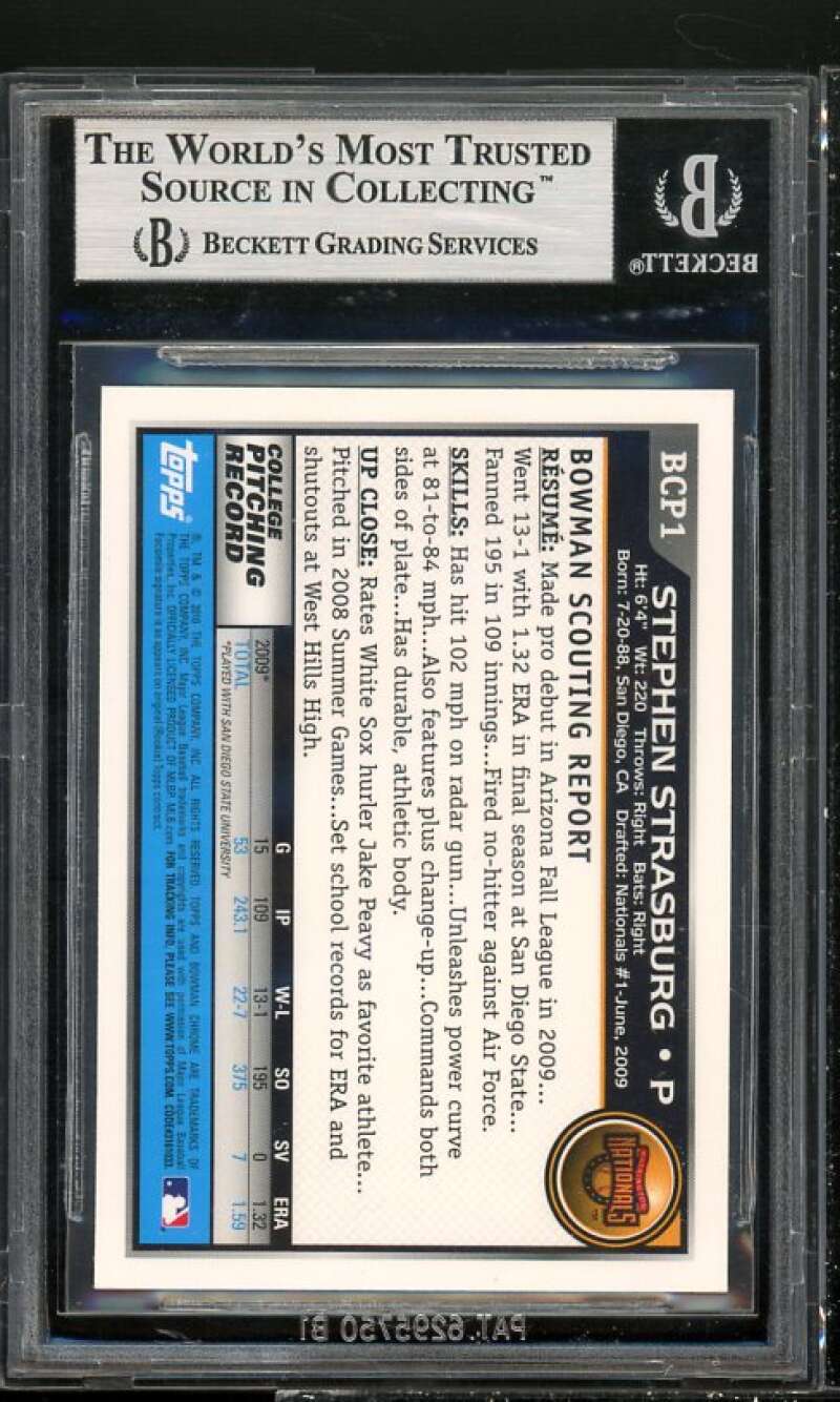 Stephen Strasburg Rookie 2010 Bowman Chrome Prospect #BCP1 BGS 9 (9 9.5 9.5 8.5) Image 2