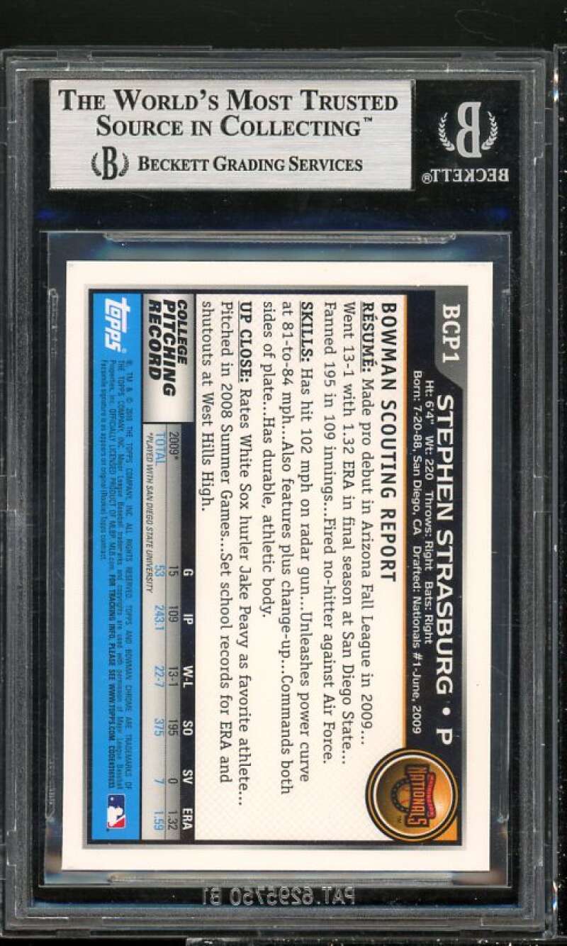 Stephen Strasburg Rookie 2010 Bowman Chrome Prospects #BCP1 BGS 9 (9 9 9.5 9) Image 2