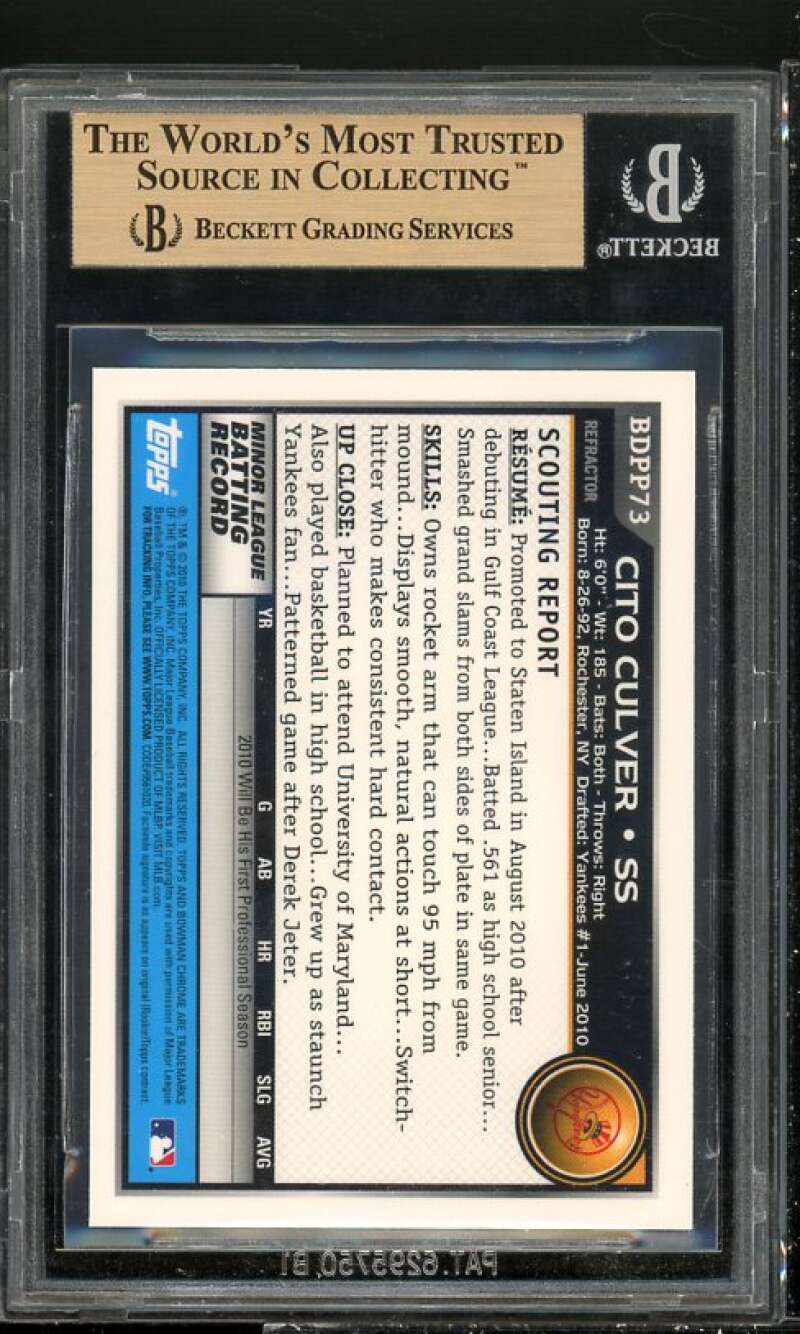 Cito Culver Rookie Card 2010 Bowman Chrome Propspects Refractor #BDPP73 BGS 10 Image 2