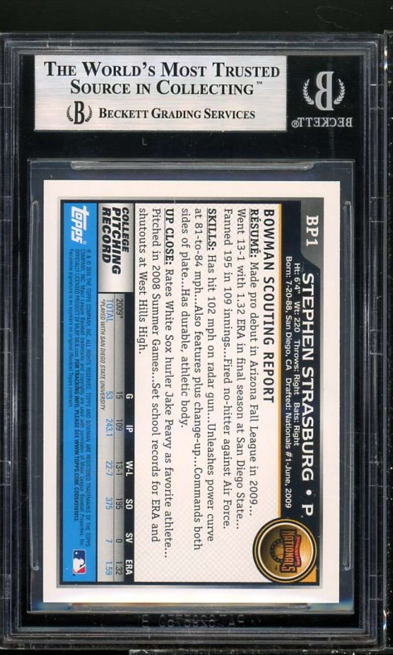 Stephen Strasburg Rookie Card 2010 Bowman Prospects Black #BP1 BGS 9 Image 2