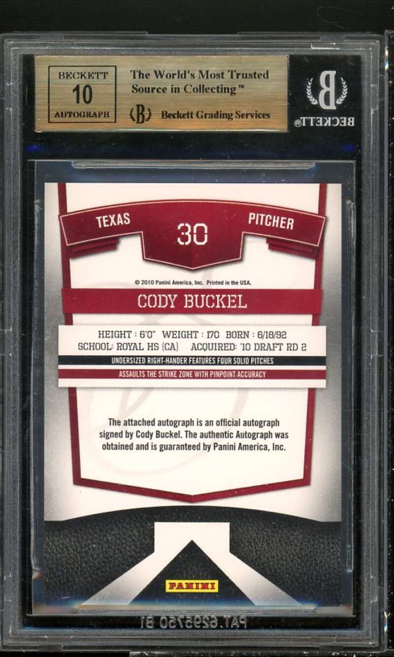 Cody Buckel Rookie 2010 Elite Extra Edition Franchise Futures Sigs #30 BGS 9.5 Image 2