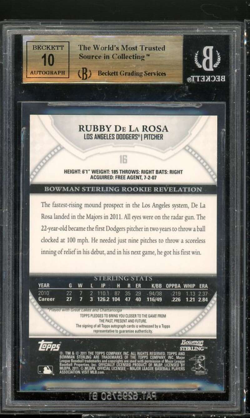 Rubby De La Rosa Rookie Card 2011 Bowman Sterling Rookie Autographs #16 BGS 9.5 Image 2