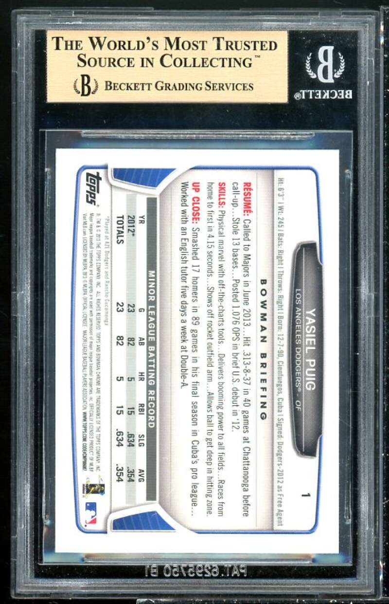 Yasiel Puig Rookie Card 2013 Bowman Chrome Draft #78 BGS 9.5 (9.5 9.5 9.5 9.5) Image 2