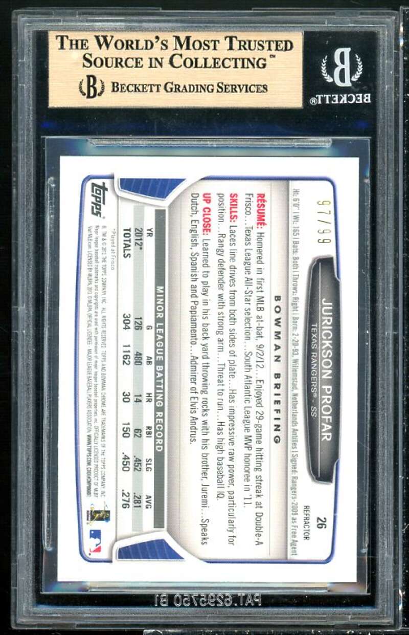 Jurickson Profar Rookie 2013 Bowman Chrome Draft Blue Refractors #26 BGS 9.5 Image 2