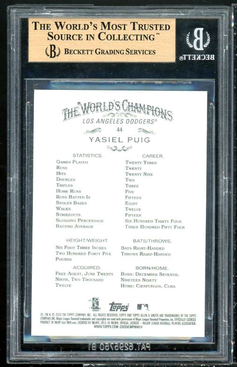 Yasiel Puig Rookie Card 2013 Topps Allen &amp; Ginter #44 (PRISTINE) BGS 10 Image 2