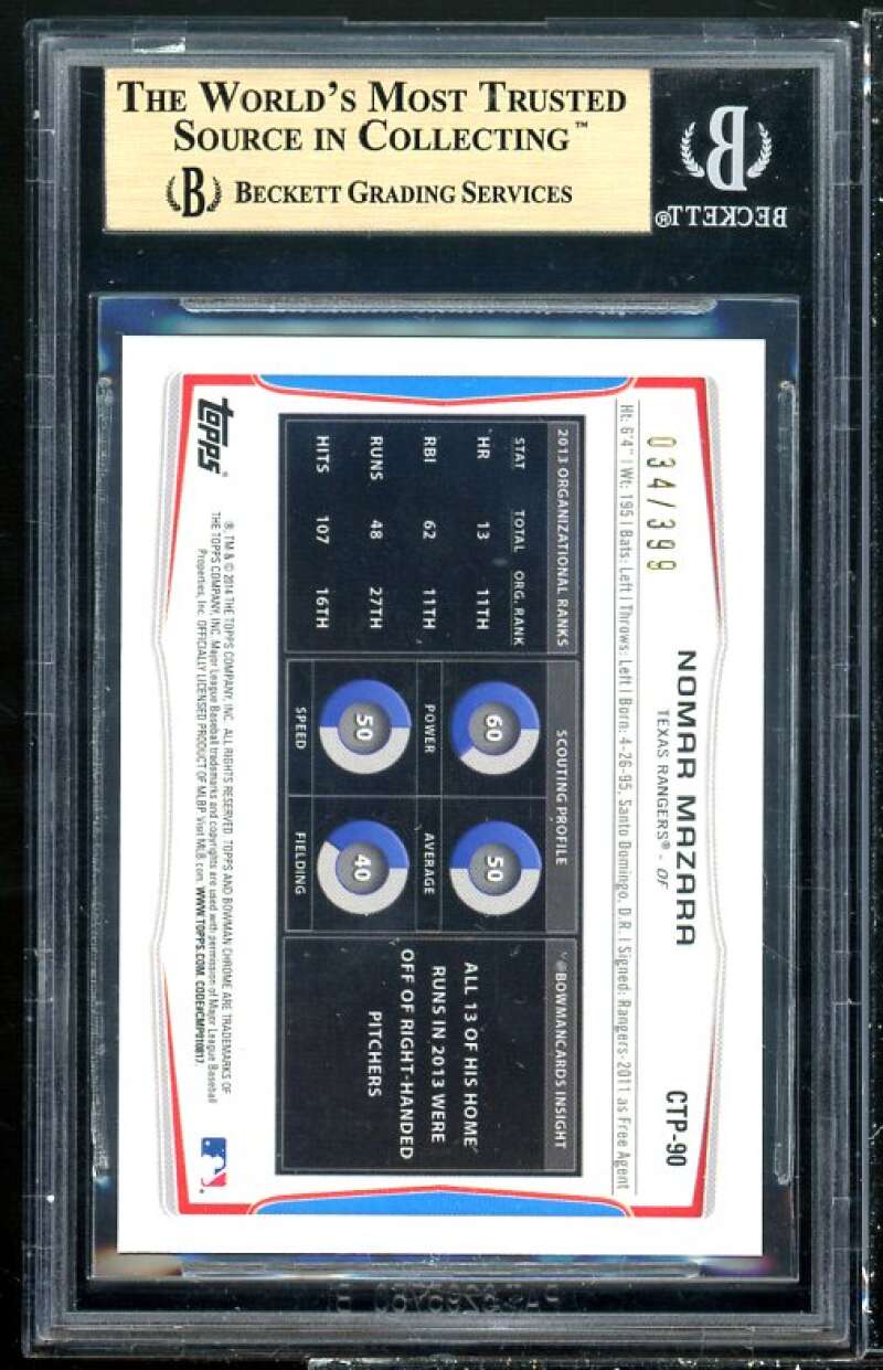 Nomar Mazara Rookie Card 2014 Bowman Chrome Draft TP Blue Refractors #90 BGS 9.5 Image 2