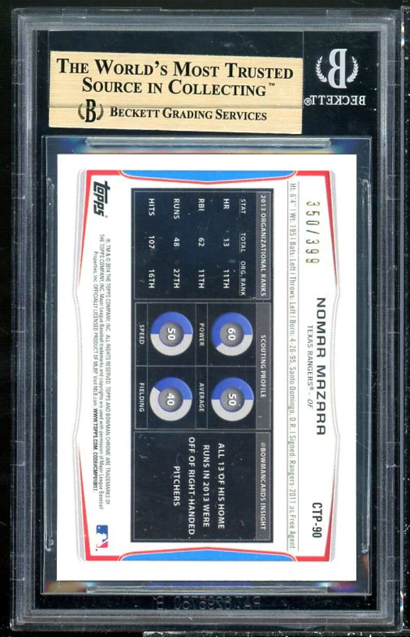 Nomar Mazara Rookie Card 2014 Bowman Chrome Draft TP Blue Refractors #90 BGS 10 Image 2