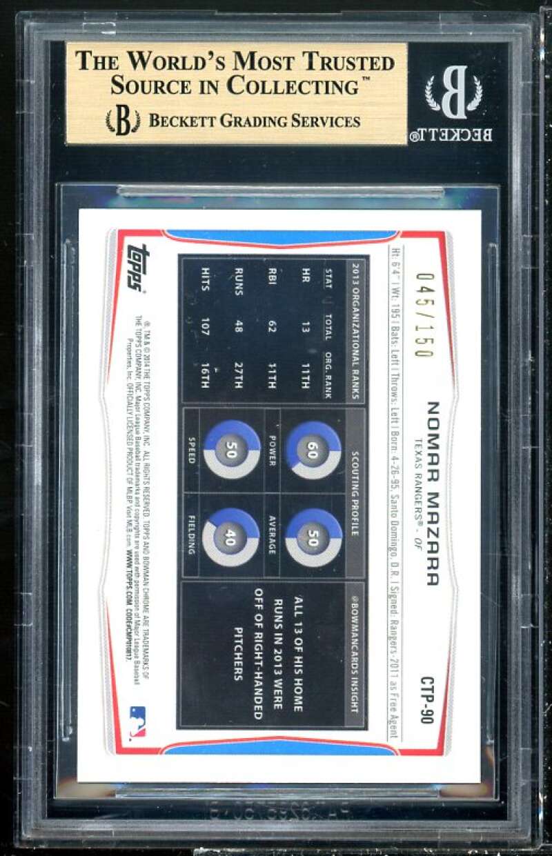 Nomar Mazara Rookie Card 2014 Bowman Chrome Draft TP Green Refractor #90 BGS 9.5 Image 2