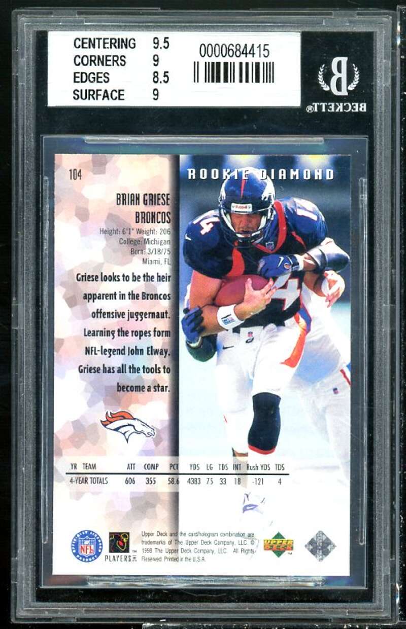 Brian Griese Rookie Card 1998 Black Diamond Rookies #104 BGS 9 (9.5 9 8.5 9) Image 2