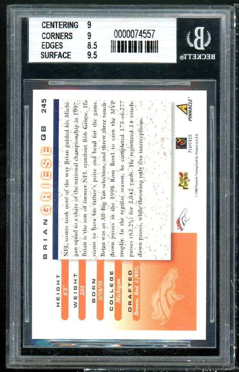 Brian Griese Rookie Card 1998 Score #245 BGS 9 (9 9 8.5 9.5) Image 2