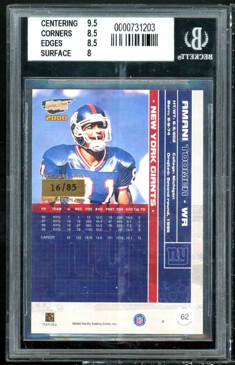 Amani Toomer Rookie 2000 Revolution Premier Date #62 BGS 8.5 (9.5 8.5 8.5 8) Image 2