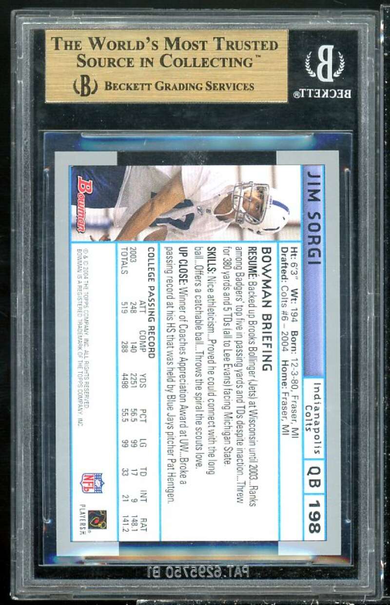 Jim Sorgi Rookie Card 2004 Bowman #198 BGS 9.5 (9.5 9 9.5 10) Image 2