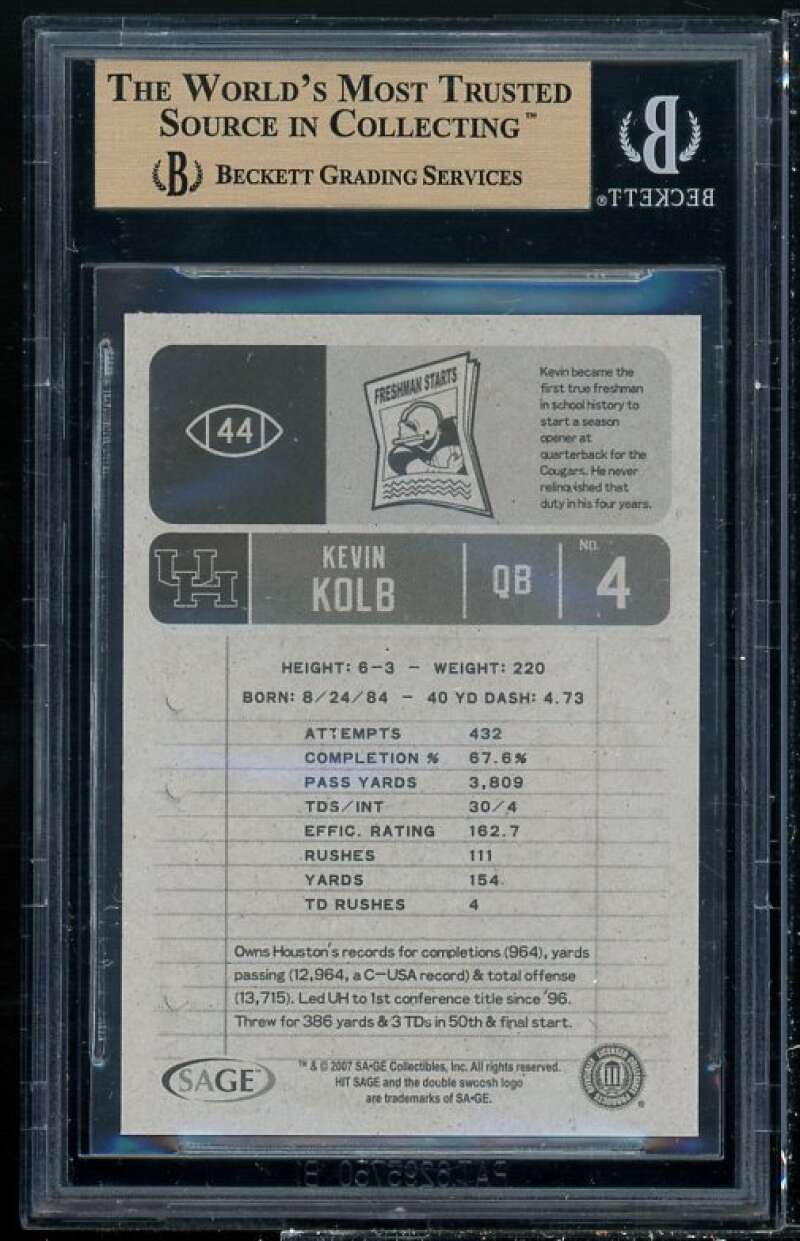 Kevin Kolb Rookie 2007 Sage Hit #44 BGS 9.5 (9.5 9.5 9.5 9.5) Image 2