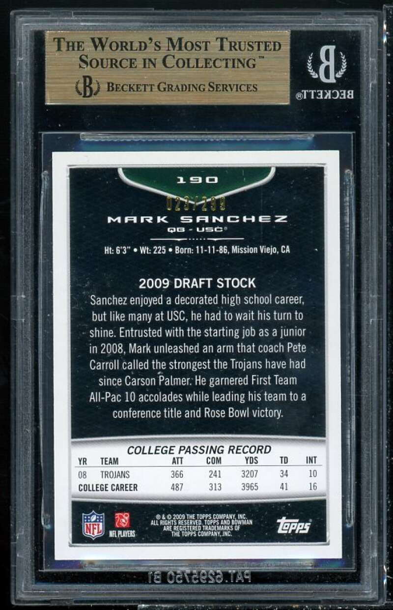 Mark Sanchez Rookie 2009 Bowman Draft Picks White #190 BGS 9.5 (9 9.5 9.5 9.5) Image 2