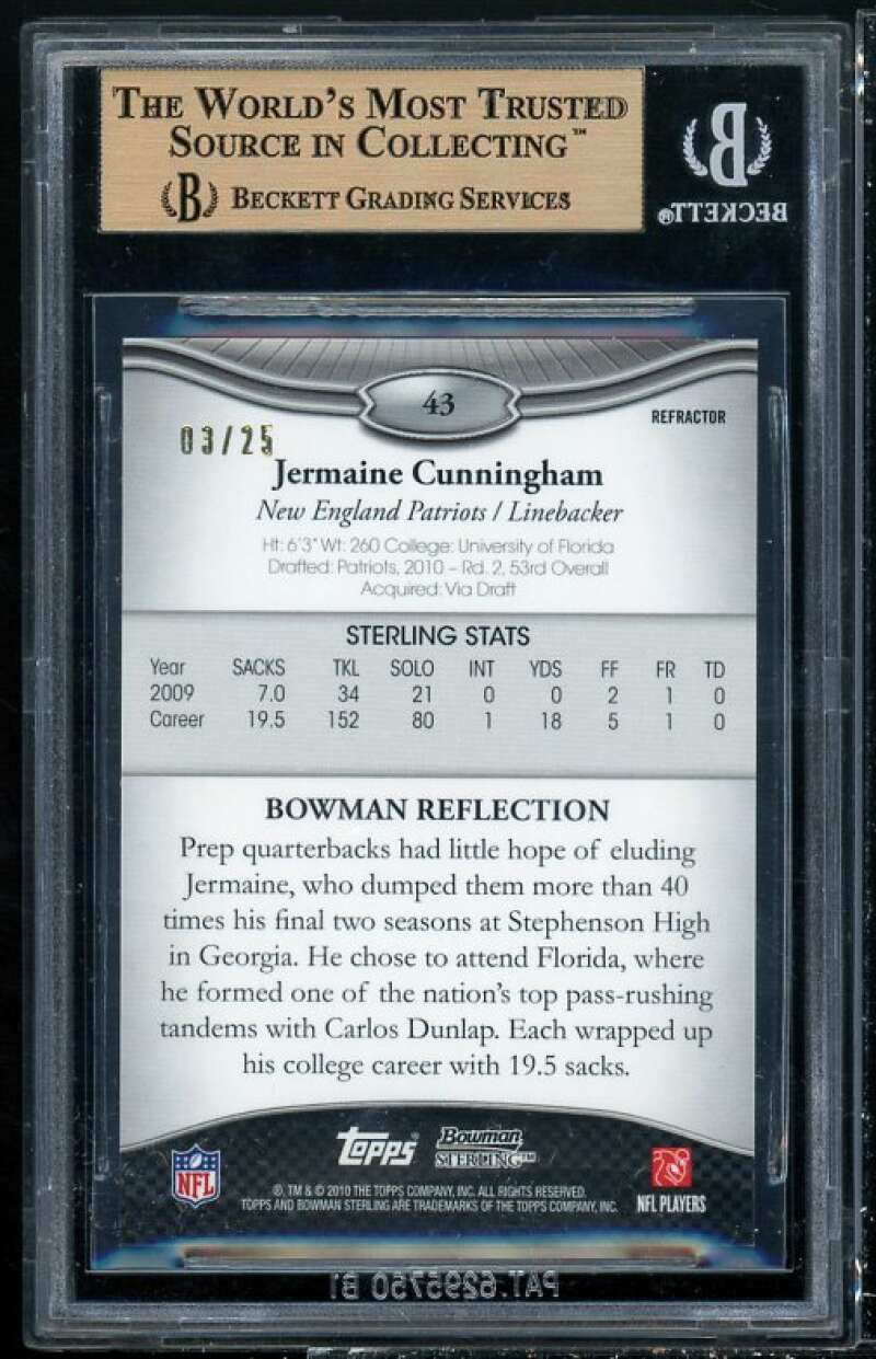 Jermaine Cunningham RC 2010 Bowman Sterling Gold Refractor #43 (PRISTINE) BGS 10 Image 2