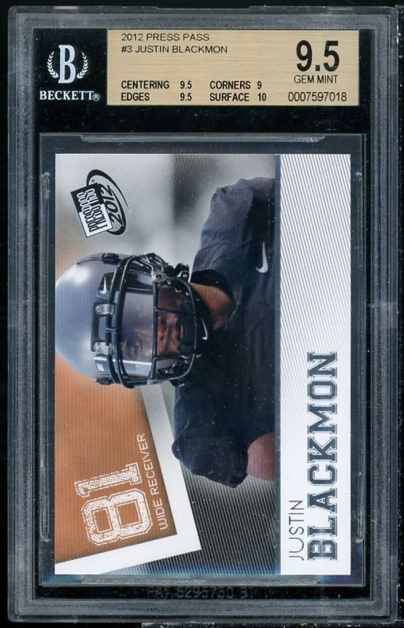 Justin Blackmon Rookie Card 2012 Press Pass #3 BGS 9.5 (9.5 9 9.5 10) Image 1