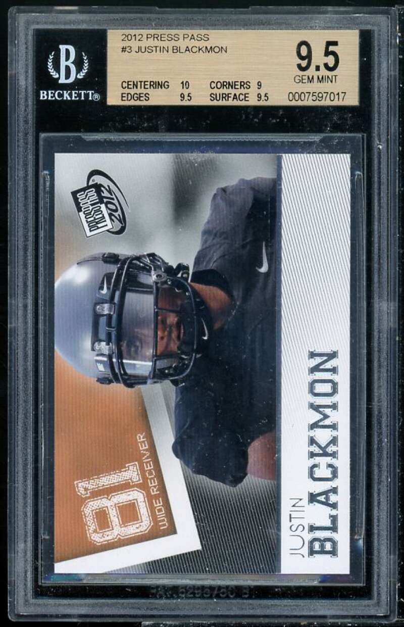 Justin Blackmon Rookie Card 2012 Press Pass #3 BGS 9.5 (10 9 9.5 9.5) Image 1