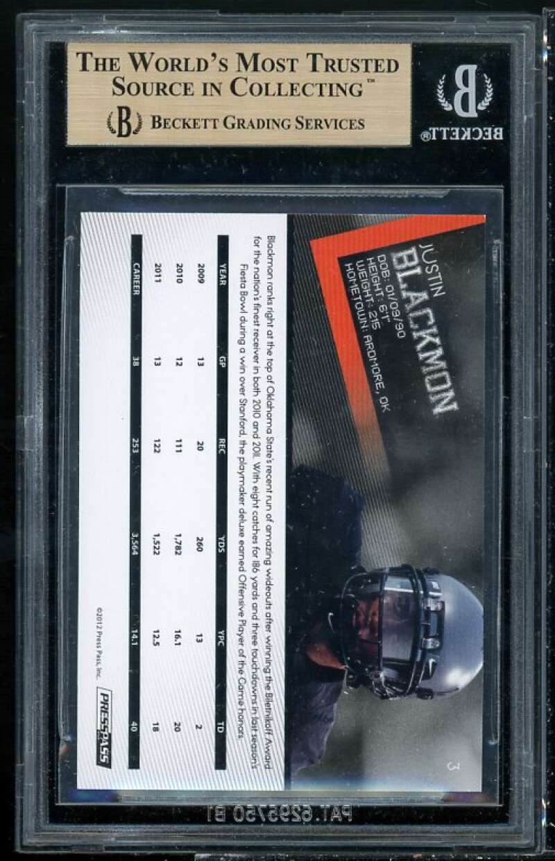 Justin Blackmon Rookie Card 2012 Press Pass #3 BGS 9.5 (10 9 9.5 9.5) Image 2