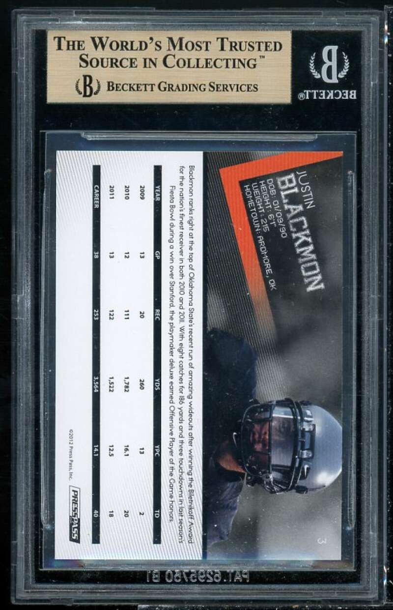 Justin Blackmon Rookie Card 2012 Press Pass Blue #3 BGS 9.5 (9.5 9.5 9 10) Image 2