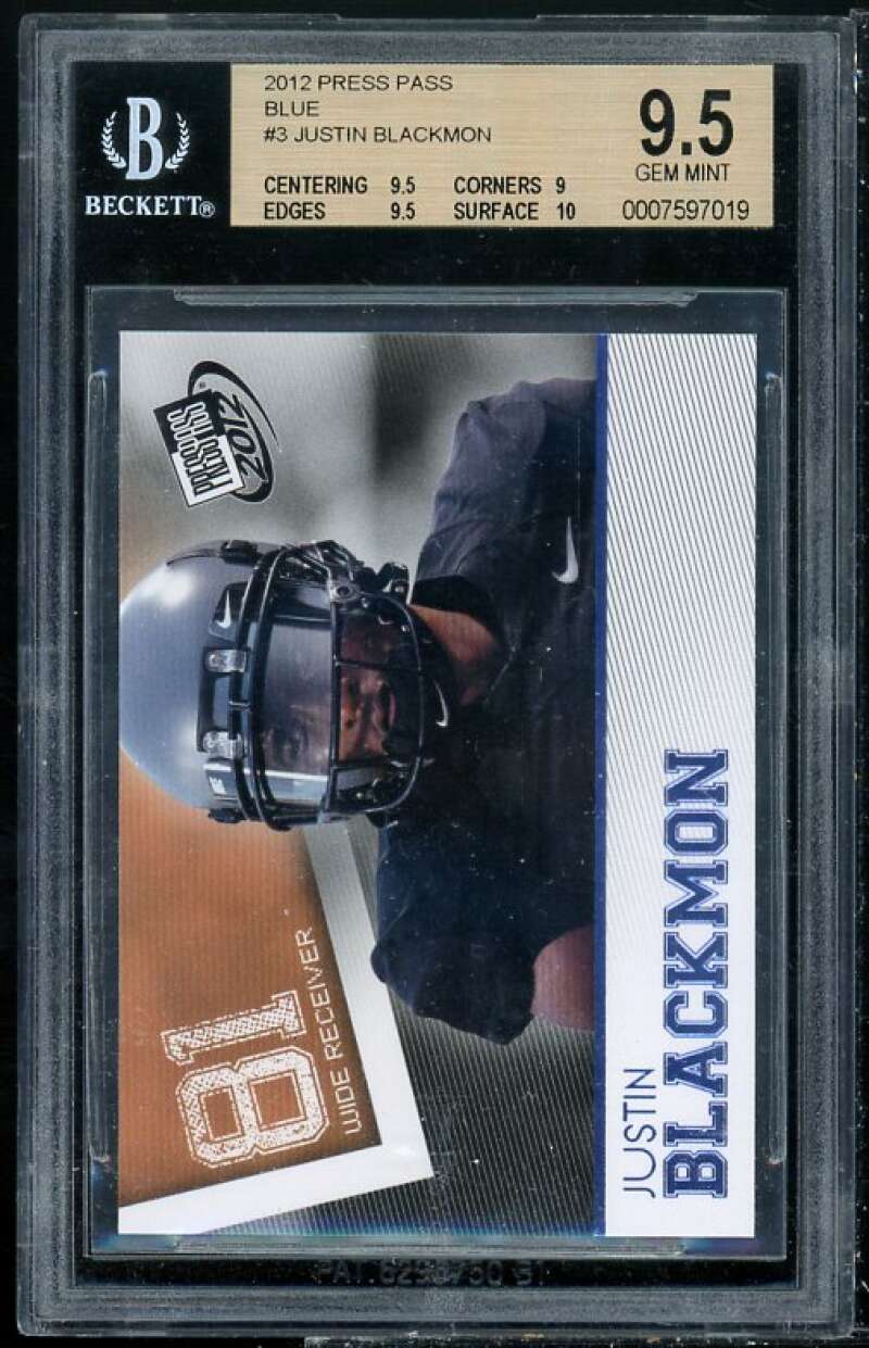 Justin Blackmon Rookie Card 2012 Press Pass Blue #3 BGS 9.5 (9.5 9 9.5 10) Image 1