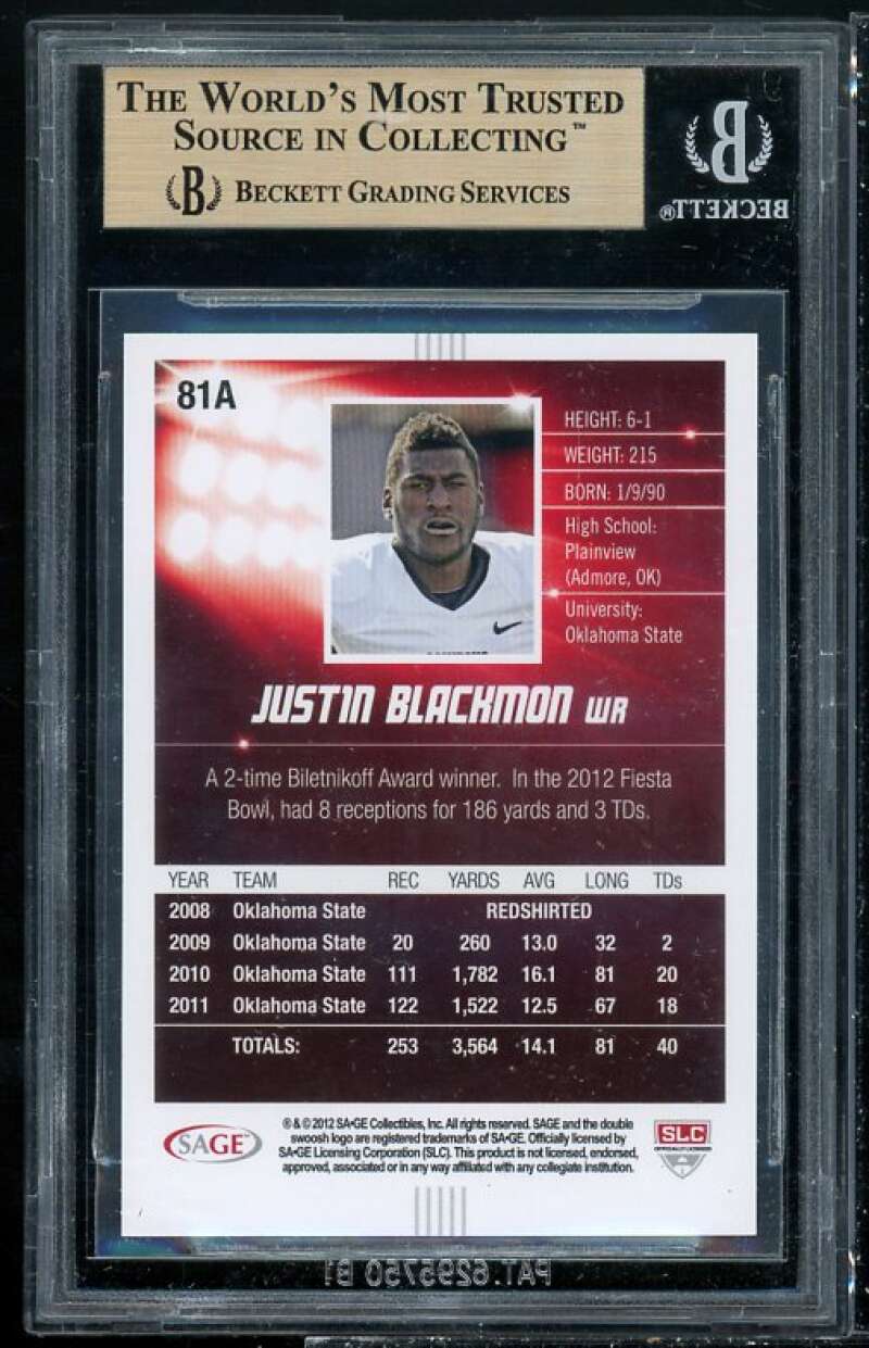 Justin Blackmon Rookie Card 2012 Sage Hit #81A BGS 9.5 (9.5 9 9.5 10) Image 2