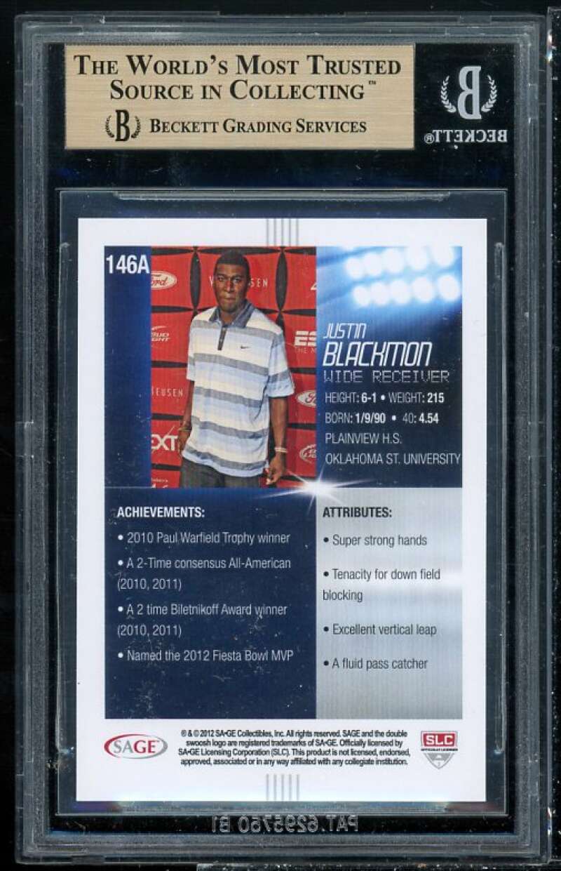 Justin Blackmon Rookie Card 2012 Sage Hit #146 BGS 9.5 (9.5 9 9.5 10) Image 2