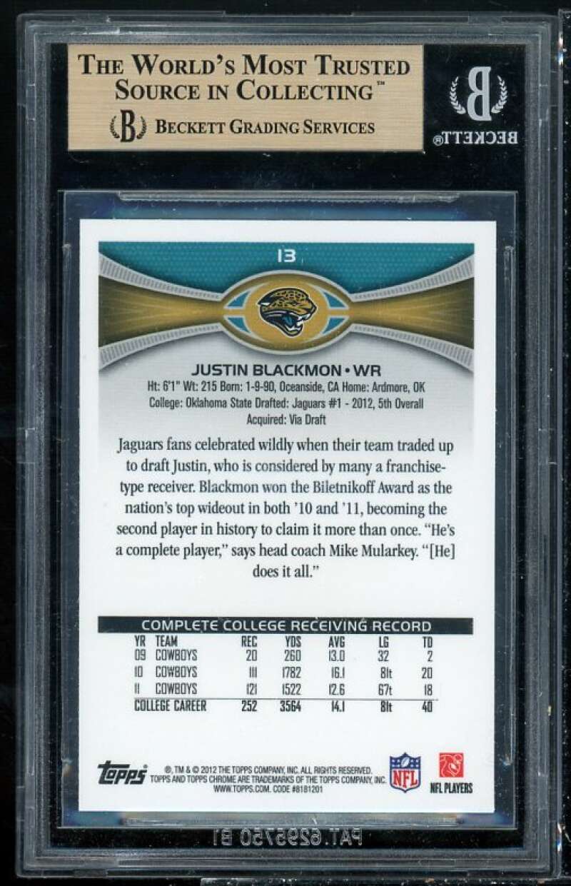 Justin Blackmon Rookie Card 2012 Topps Chrome #13 BGS 9.5 (9.5 9.5 9.5 9.5) Image 2