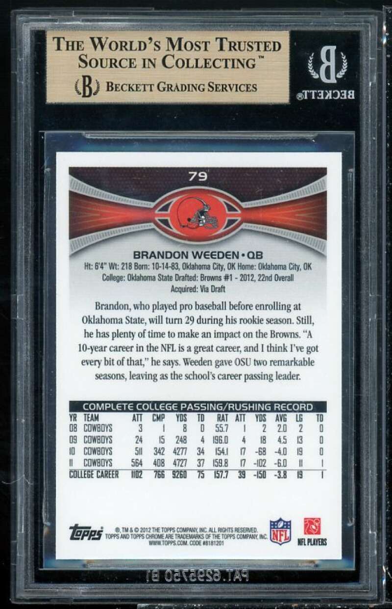 Brandon Weeden Rookie Card 2012 Topps Chrome #79A BGS 9.5 (9.5 9.5 9.5 10) Image 2