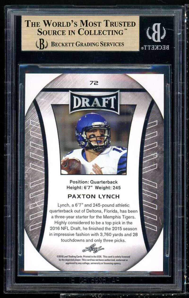 Paxton Lynch Rookie Card 2016 Leaf Draft Gold #72 (PRISTINE) BGS 10 Image 2