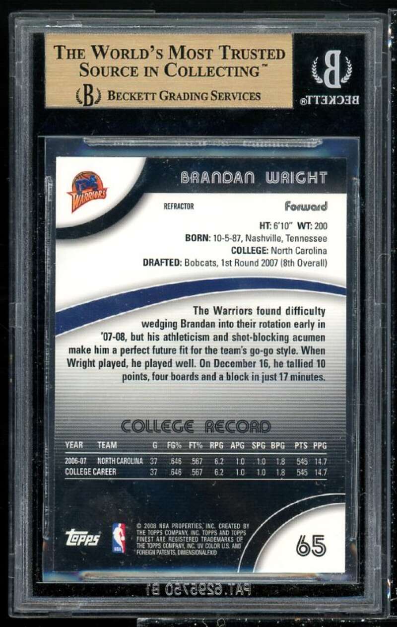 Brandan Wright Rookie Card 2007-08 Finest Refractors #65 BGS 9.5 (9.5 9 9.5 9.5) Image 2