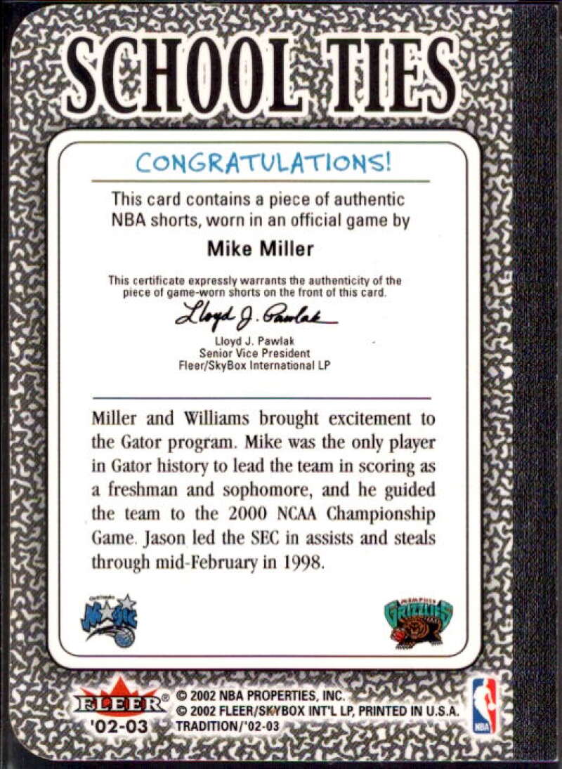 Miller Shorts/ Williams 2002 Fleer Tradition School Ties Game-Used Single #ST3A  Image 2