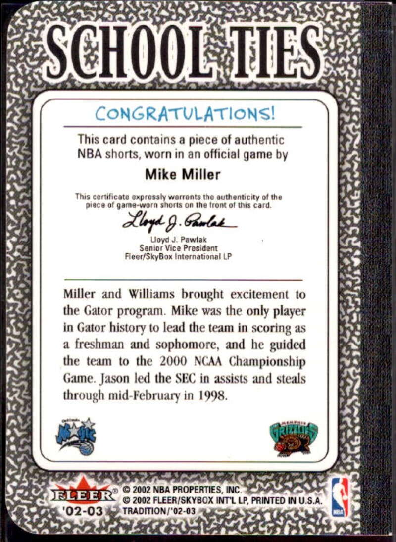 Miller Shorts/Williams 2002 Fleer Tradition School Ties Game-Used Single #ST3A  Image 2