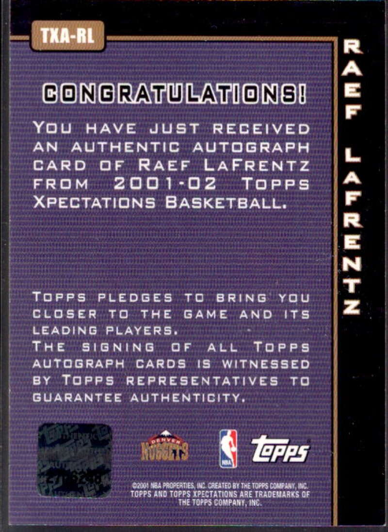 Raef LaFrentz Card 2001-02 Topps Xpectations Autographs #TXARL  Image 2