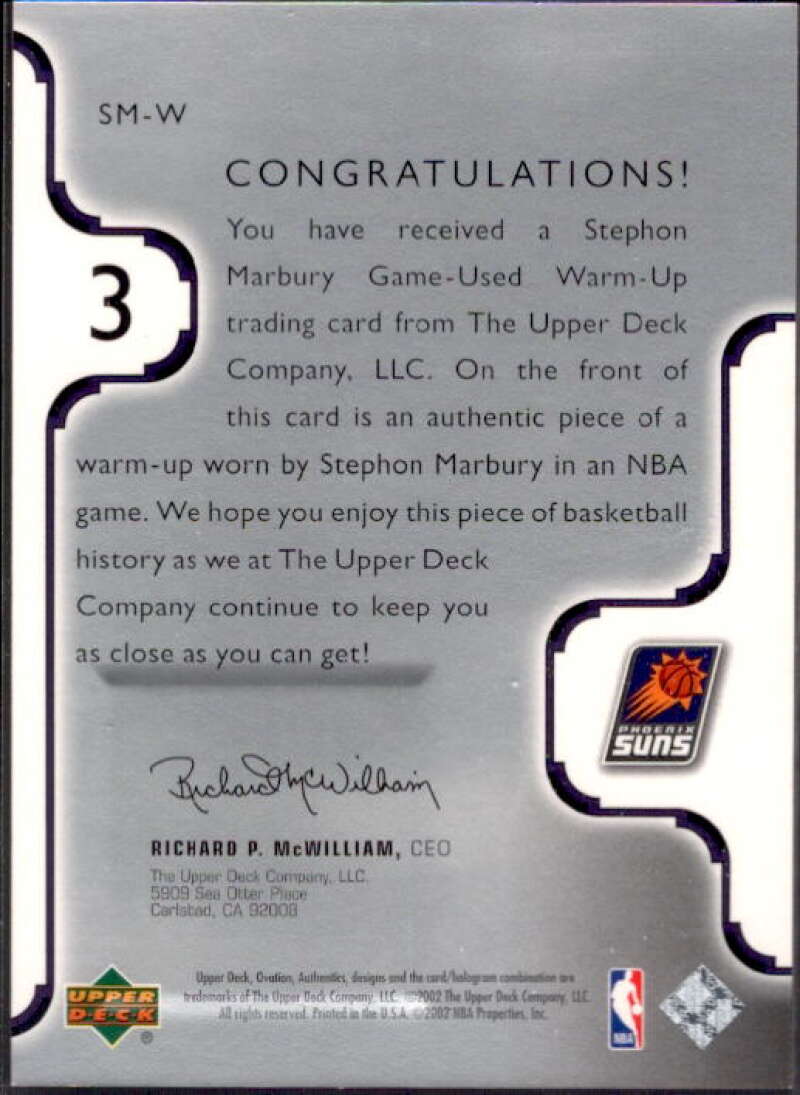 Stephon Marbury Card 2002-03 Upper Deck Ovation Authentics Warm-Ups #SMW  Image 2