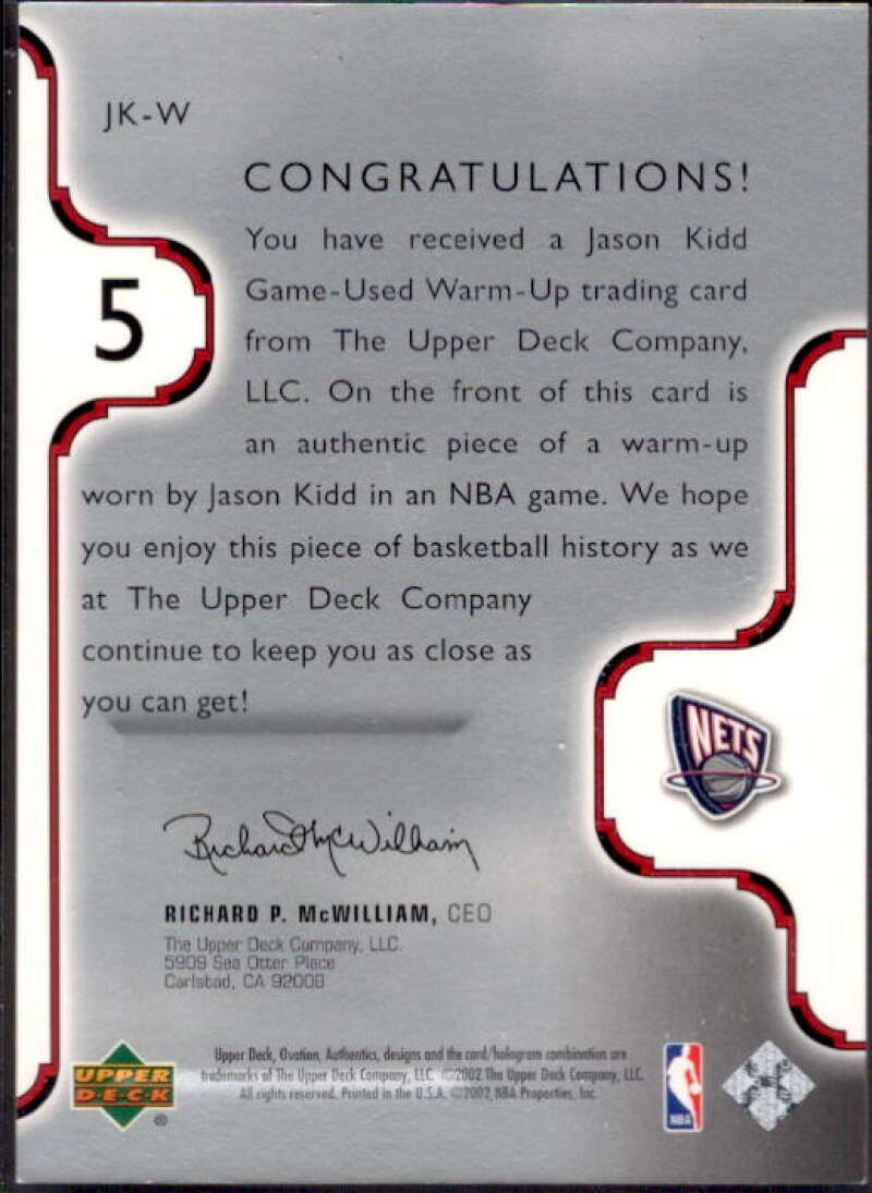 Jason Kidd Card 2002-03 Upper Deck Ovation Authentics Warm-Ups #JKW  Image 2