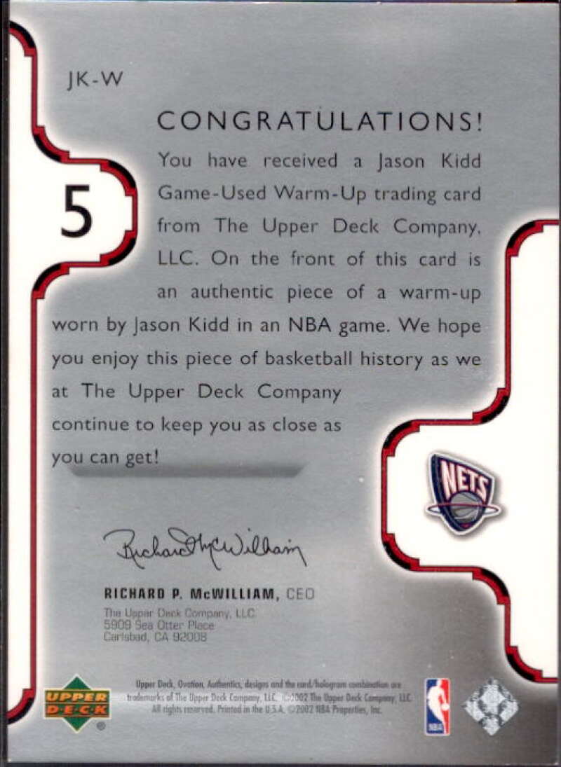 Jason Kidd Card 2002-03 Upper Deck Ovation Authentics Warm-Ups #JKW  Image 2