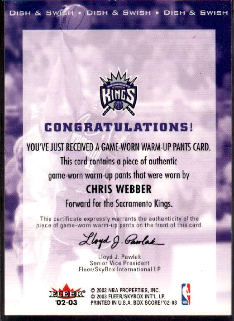 Chris Webber Pants Card 2002-03 Fleer Box Score Dish and Swish Memorabilia #10  Image 2