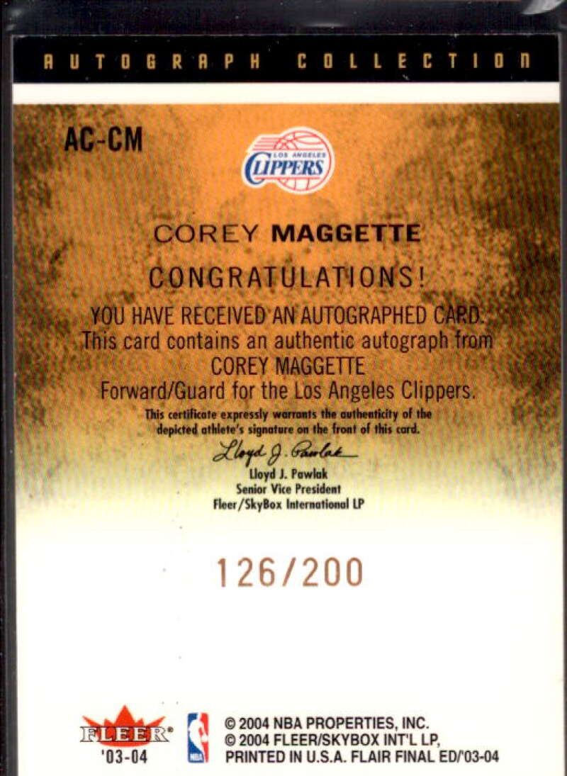 Corey Maggette Card 2003-04 Flair Final Edition Autograph Collection #CM  Image 2