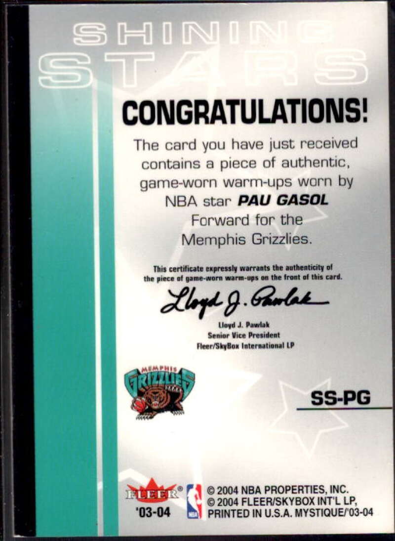 Pau Gasol Card 2003-04 Fleer Mystique Shining Stars Warmups #SSPG  Image 2