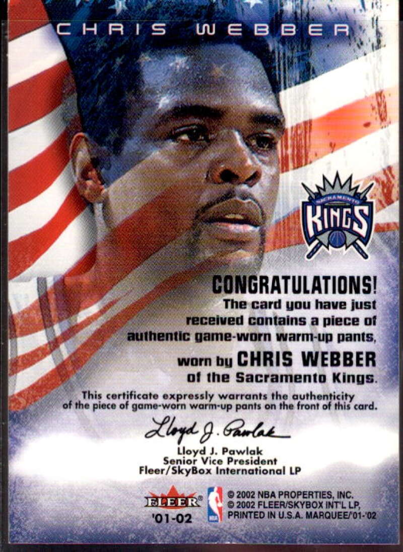 Chris Webber Card 2001-02 Fleer Marquee Banner Season Memorabilia #CW  Image 2