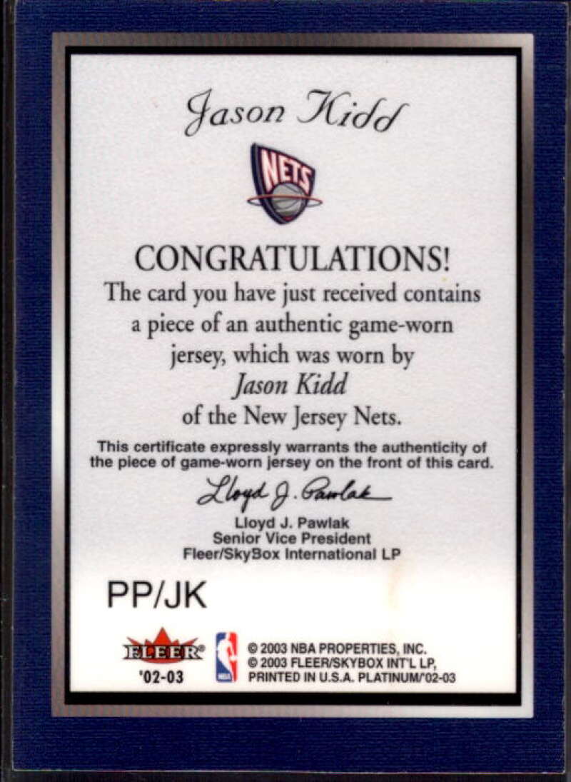 Jason Kidd Card 2002-03 Fleer Platinum Portraits Game Worn Jerseys #JK  Image 2