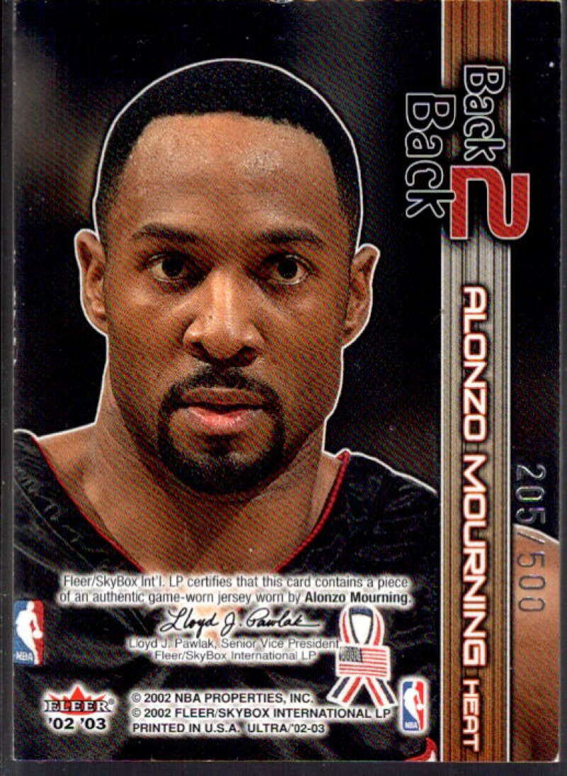 Alonzo Mourning Card 2002-03 Ultra Back 2 Back Game Used #12  Image 2