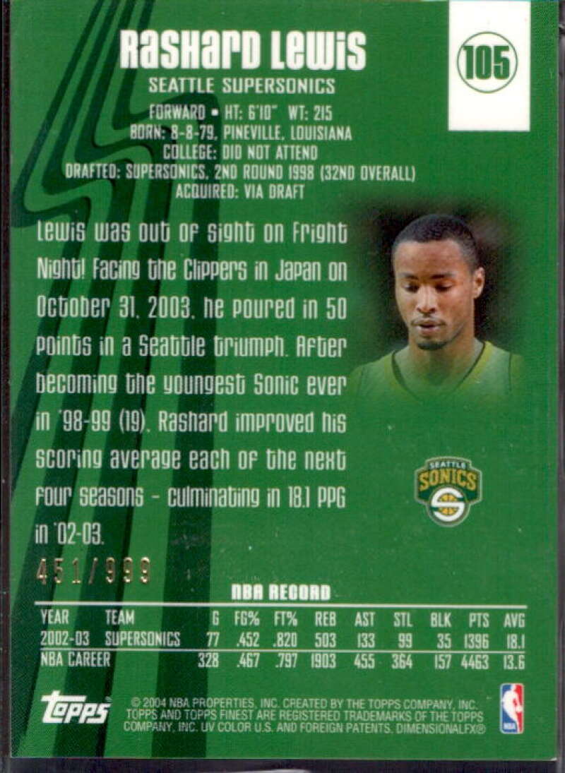 Rashard Lewis JSY Card 2003-04 Finest #105  Image 2