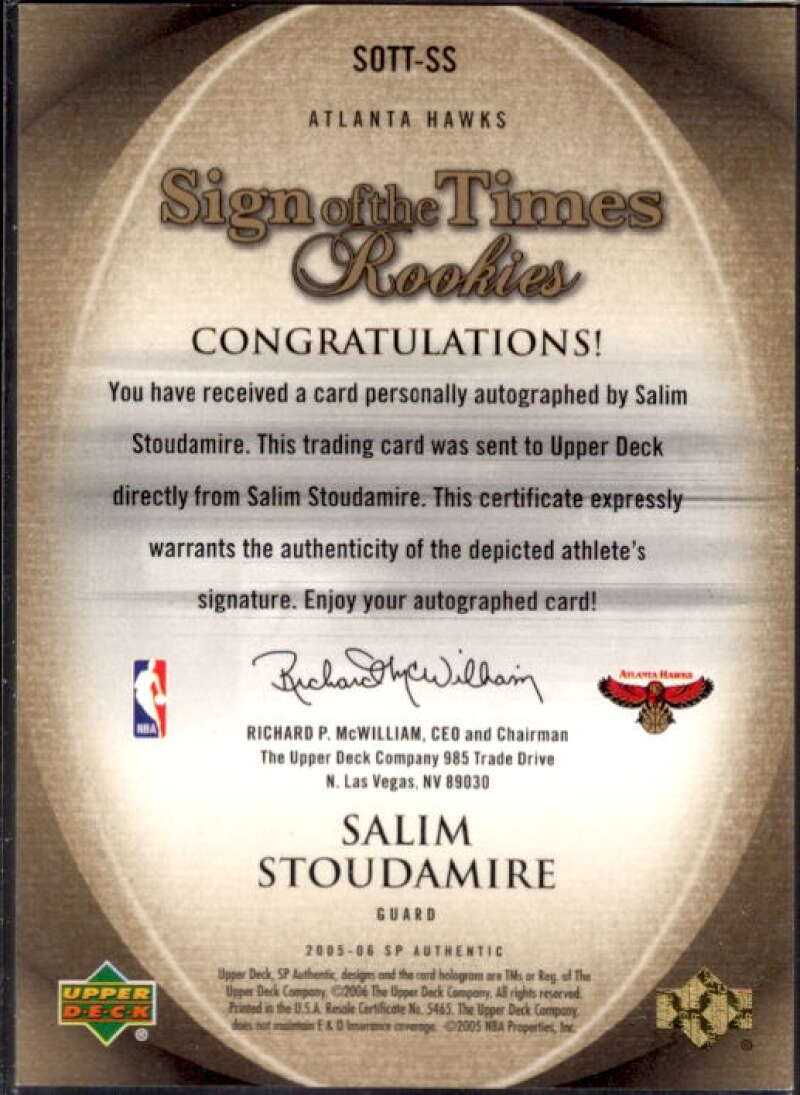 Salim Stoudamire Card 2005-06 SP Authentic Sign of the Times Rookies #SS  Image 2