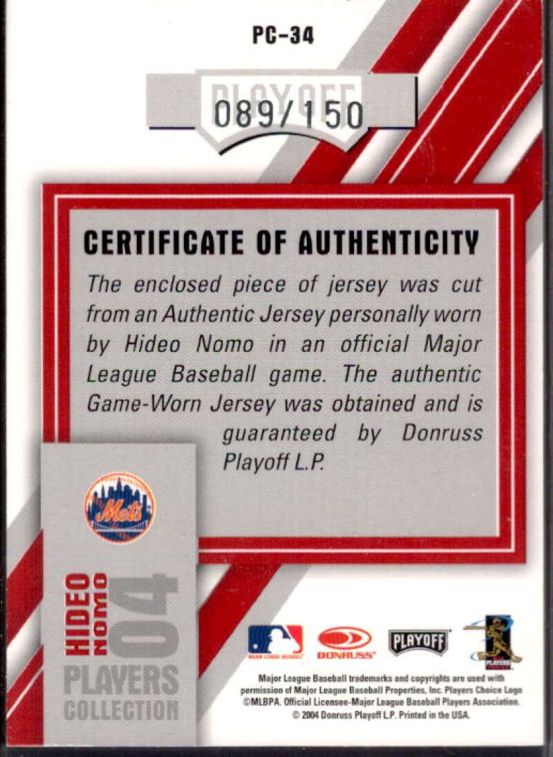 Hideo Nomo Mets Card 2004 Studio Players Collection Jersey #34  Image 2
